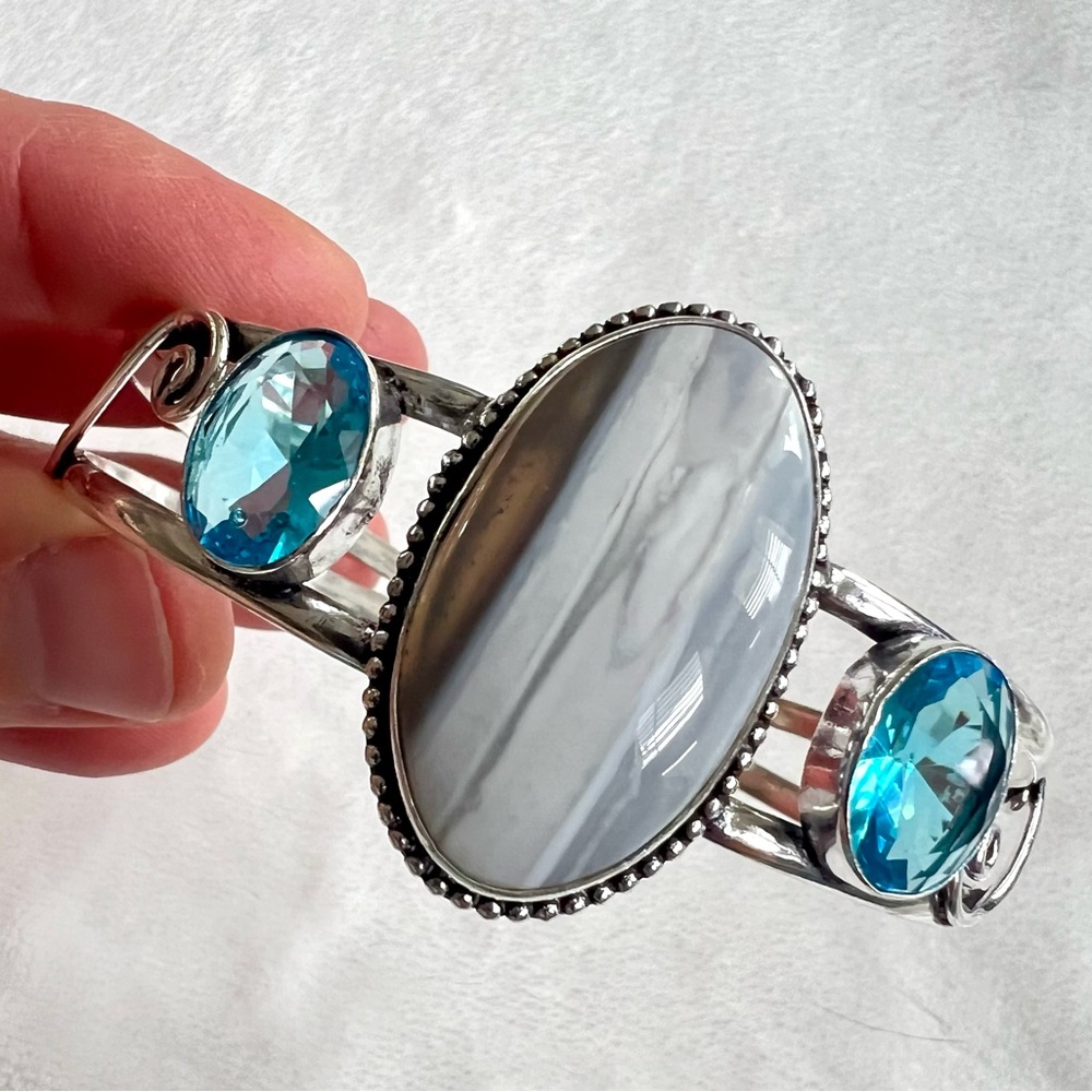 925 Owyhee Opal + Swiss Blue Topaz Cuff Bracelet - Picture 3 of 10
